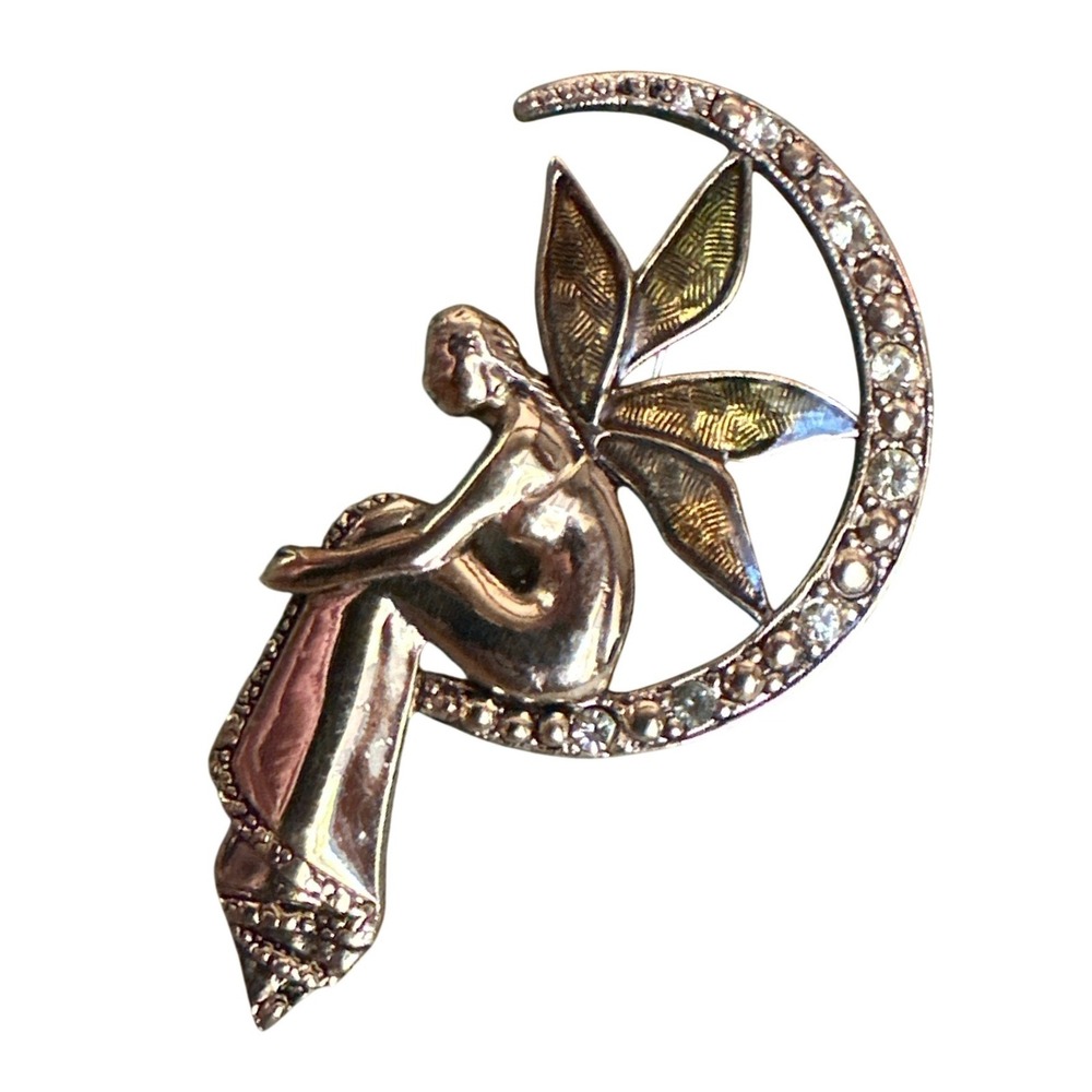Liz Claiborne Fairy on Crescent Moon Brooch Gold Tone Rhinestone Enamel Pin LC